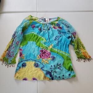 Y2K Fairy Shirt Womens Large Blue Floral Boho Peasant 3/4 Sleeve Sequins Beaded